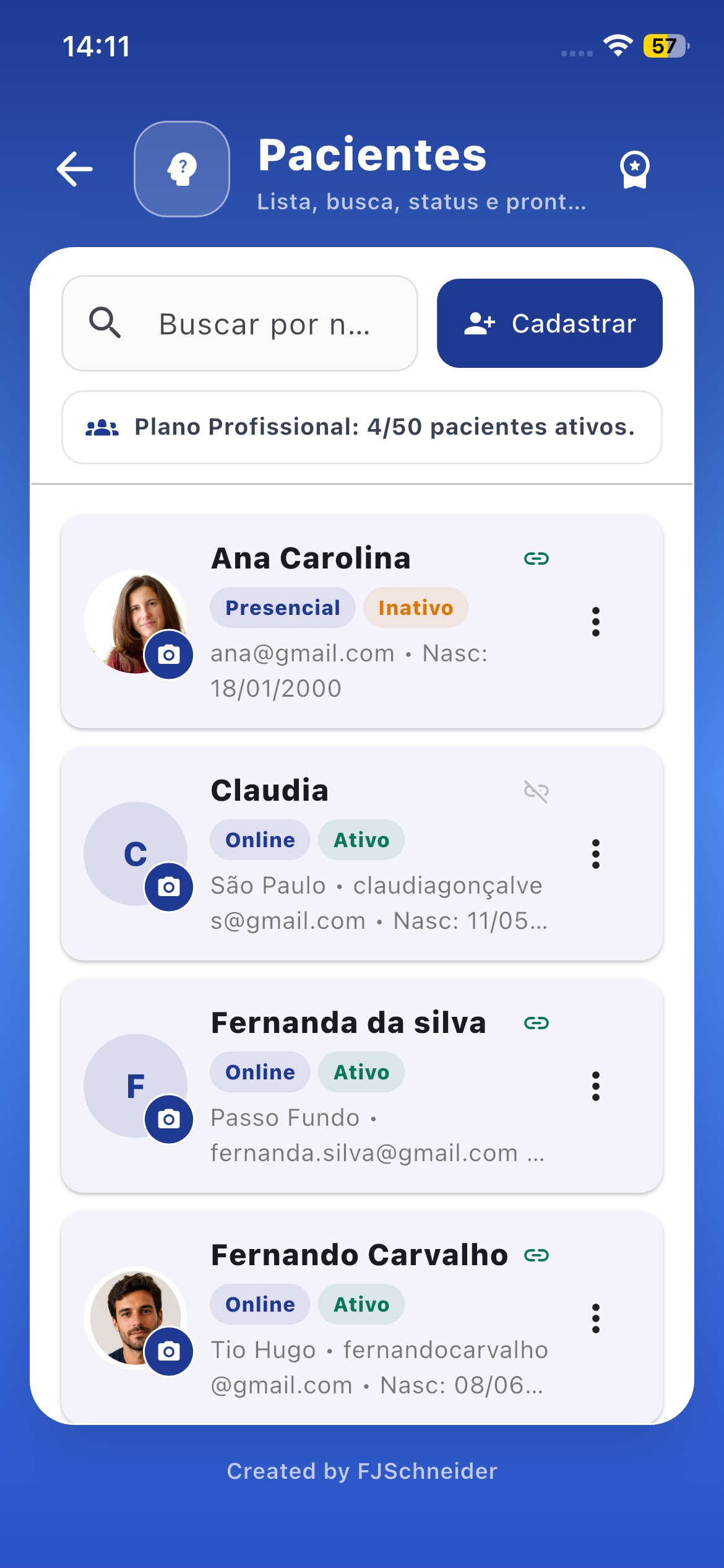 Tela real de gestão de pacientes do ConnectMente Pro