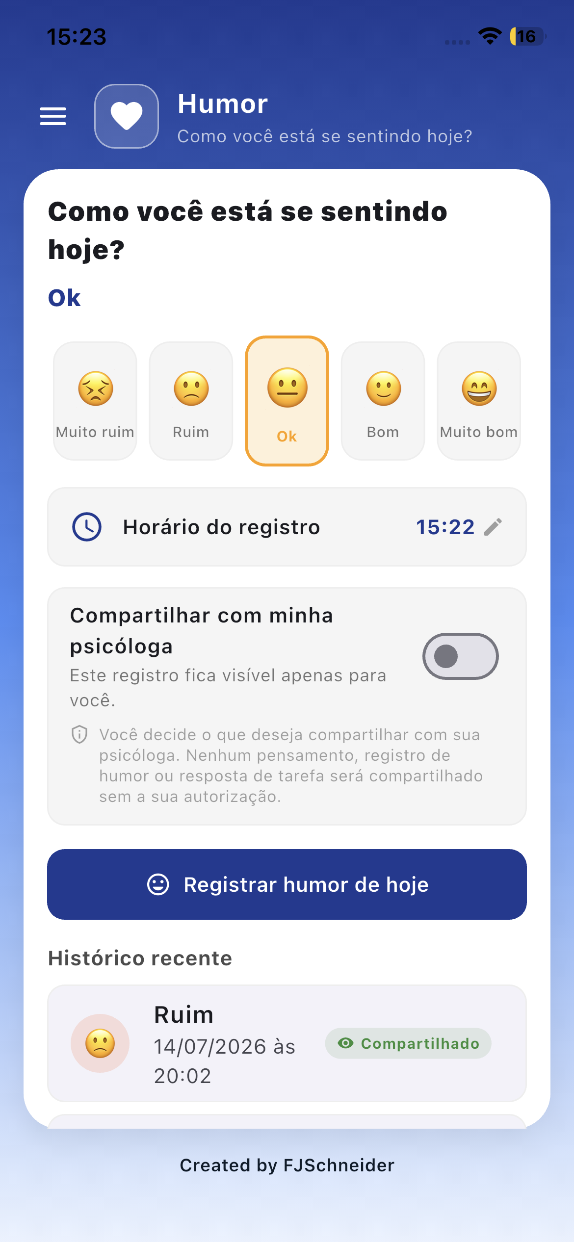 Tela real de registro de humor e controle de compartilhamento