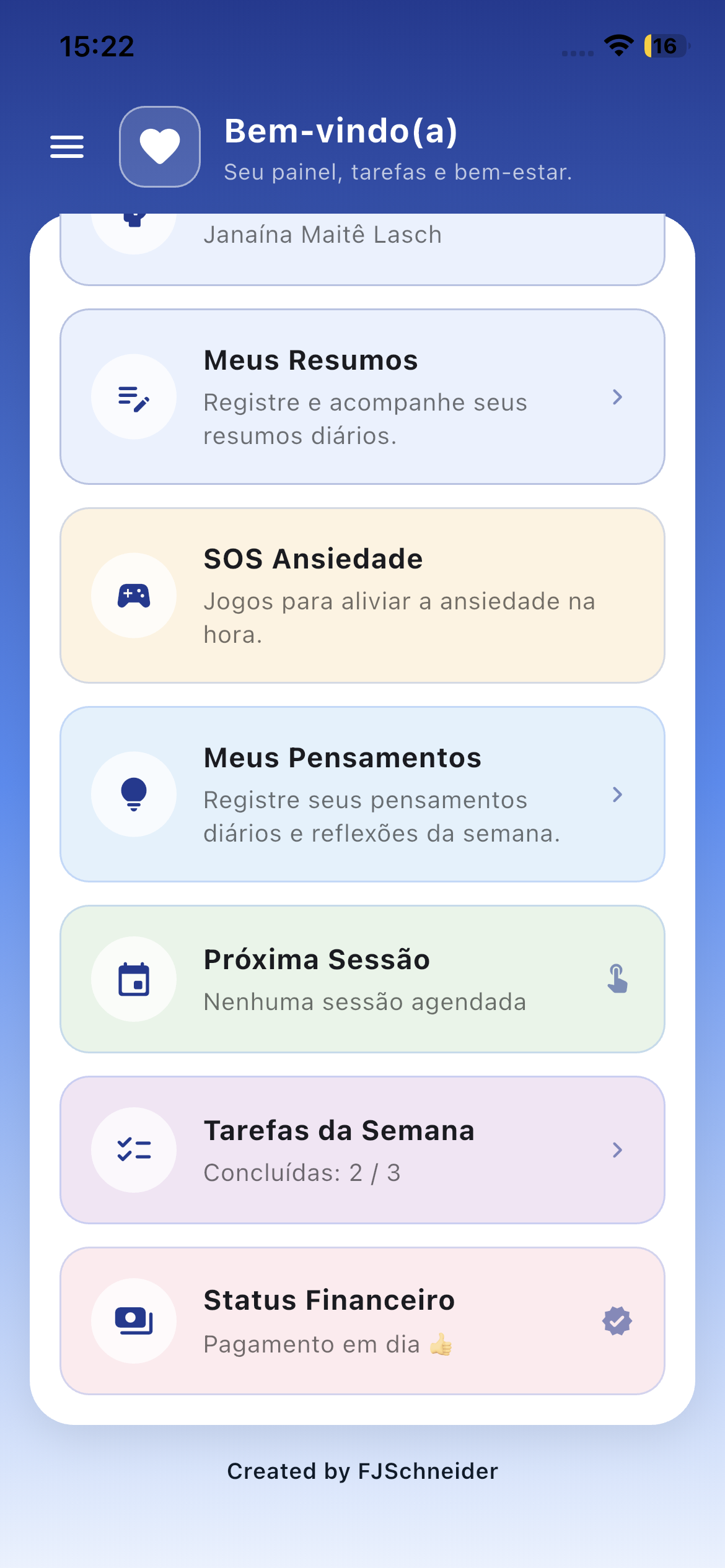 Tela inicial real da área do paciente no ConnectMente