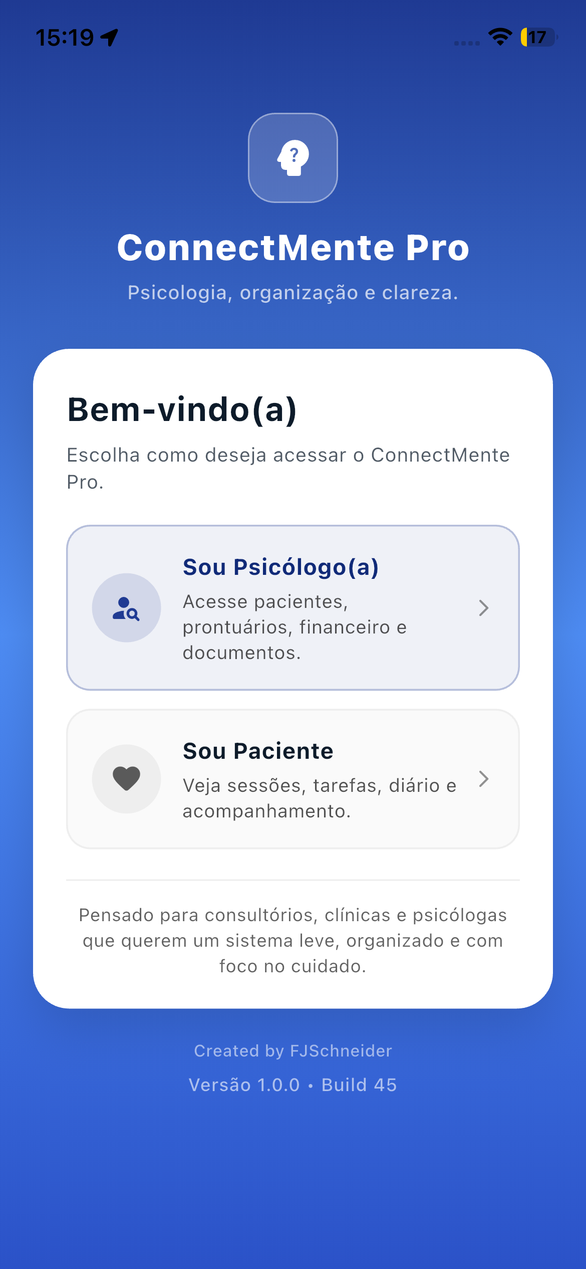 Tela inicial real do ConnectMente Pro com acessos para psicólogo e paciente