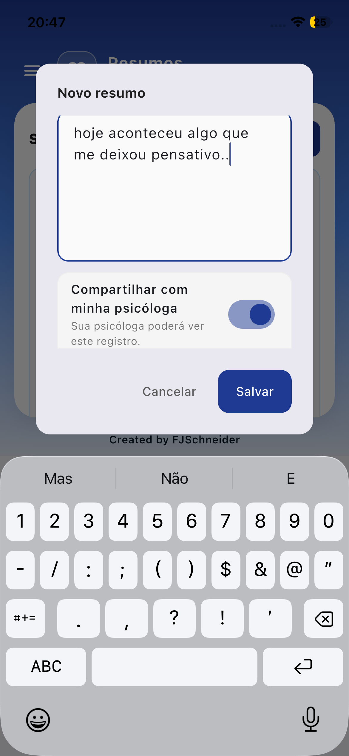 Tela real para criar um novo resumo